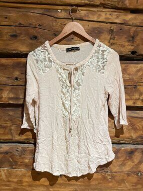 Vintage Lace Panel Boho Blouse Soft Peach